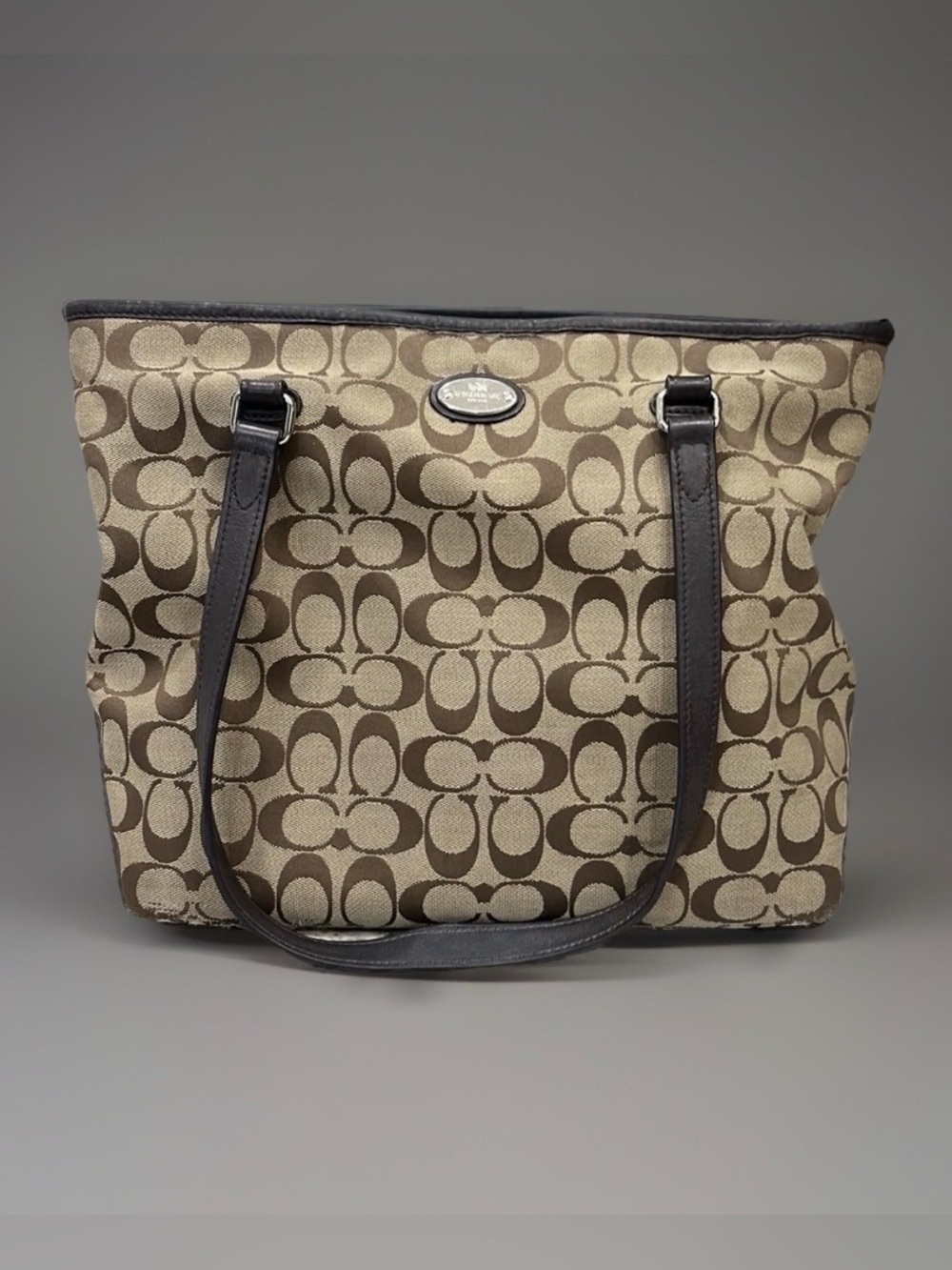 Coach Khaki and Brown Signature Canvas Tote ~  Measures 11”x13”x6”